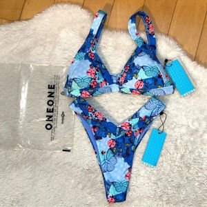 NWT OneOne Swimwear Bikini Set Flutter Fancy Blue Print Ladybugs Kameron Jesse